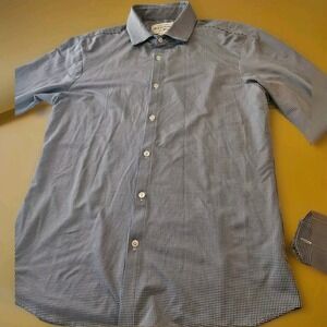 Mizzen‎ + Main Shirt Mens Large Trim Fit Blue Check Button Up Long Sleeve Stain